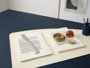 Twee contractdocumenten op modern bureau, één met geodriehoek, ander met flexibel meetlint, zakelijke minimalistische stijl.