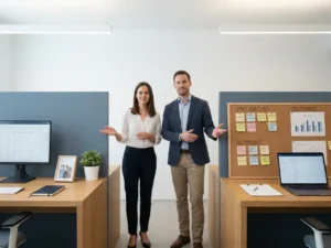 Twee professionals vergelijken een vaste werkplek en een projectgerichte contractopstelling in een modern, minimalistisch kantoor.