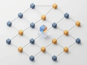 Geometric vendor network diagram with cube nodes connected by thin lines, central elevated node highlighted in slate blue and amber accents.