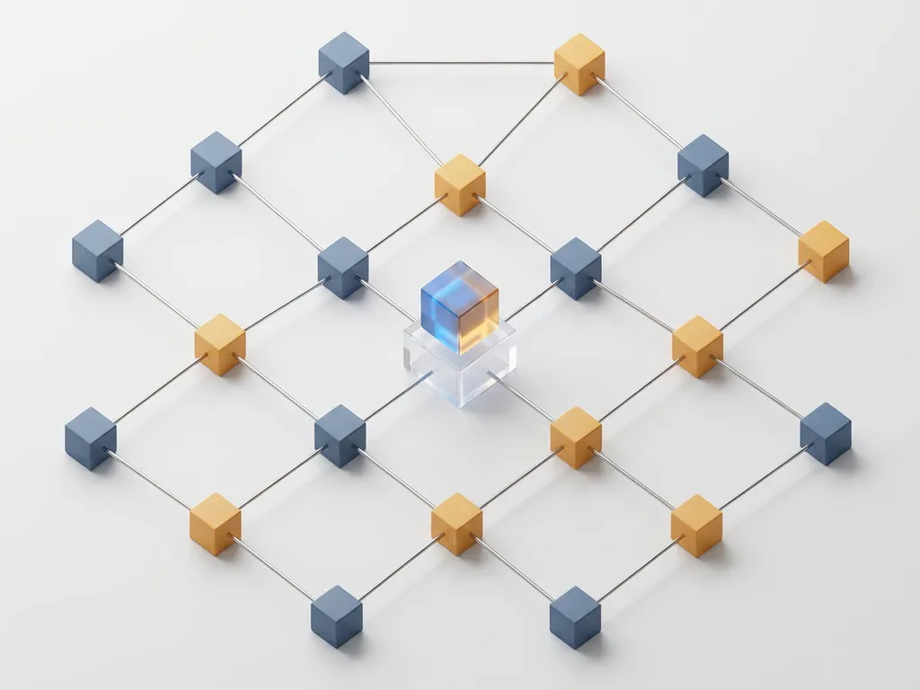 Geometric vendor network diagram with cube nodes connected by thin lines, central elevated node highlighted in slate blue and amber accents.