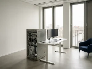 Verouderd serverrek met verwarde kabels naast een moderne werkplek in een licht Nederlands kantoor met vloer-tot-plafond ramen.