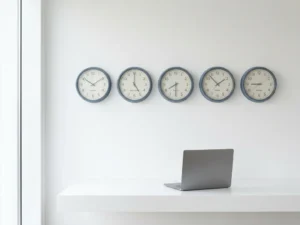 Wereldklok met meerdere analoge uurwerken op witte kantoorwand, laptop op minimalistisch bureau in leisteen- en gebroken wittinten.