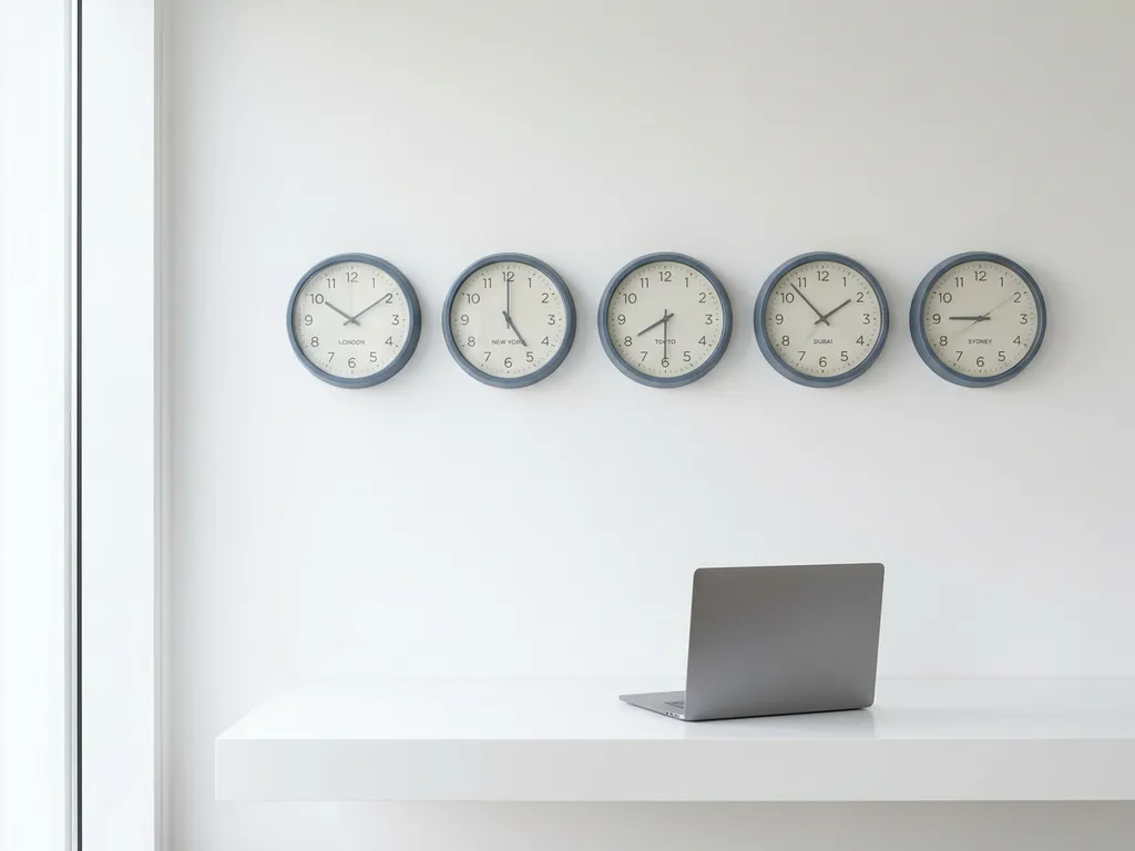 Wereldklok met meerdere analoge uurwerken op witte kantoorwand, laptop op minimalistisch bureau in leisteen- en gebroken wittinten.