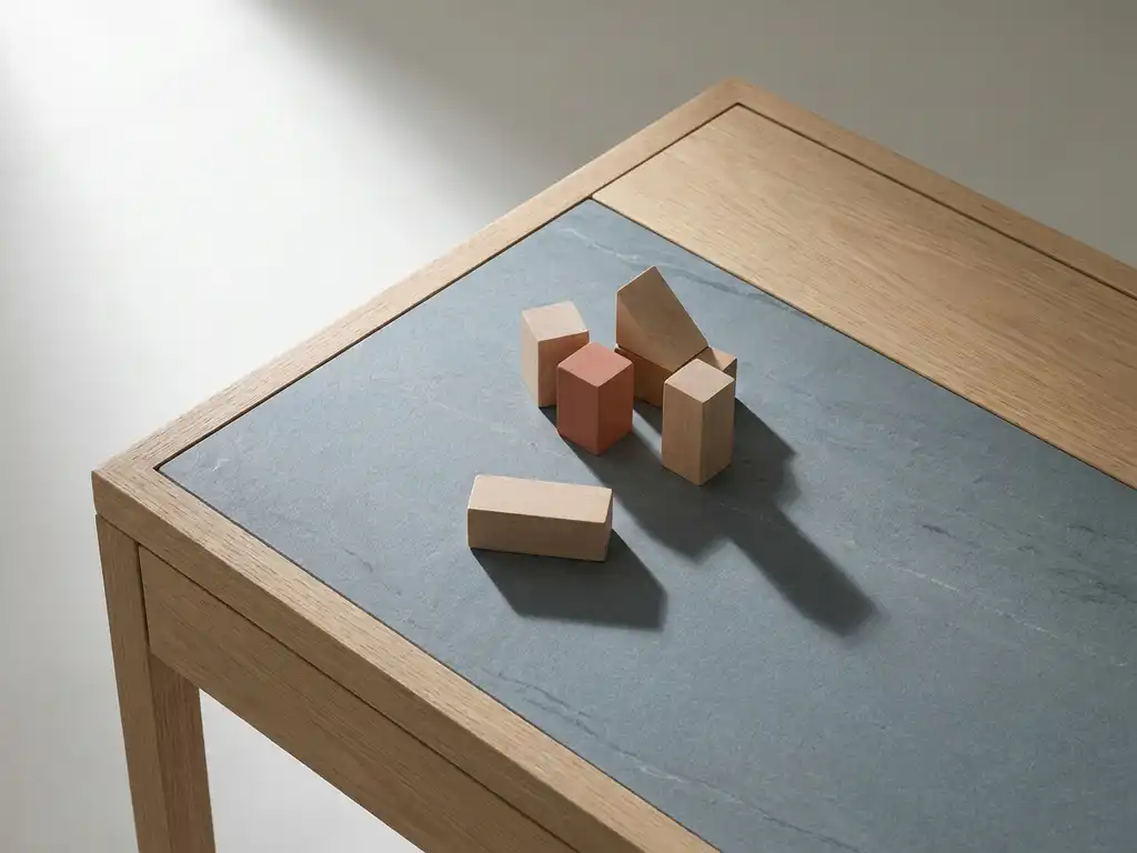 Five small wooden blocks clustered on an oak desk, one slightly apart casting a soft shadow in warm natural light.