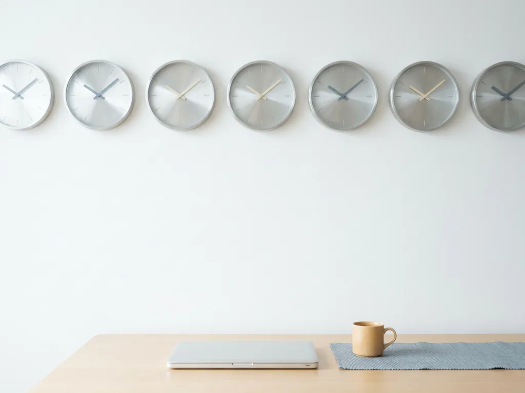 Minimalist world clock display with multiple clock faces on a white wall showing different time zones above a modern desk with laptop and coffee cup.
