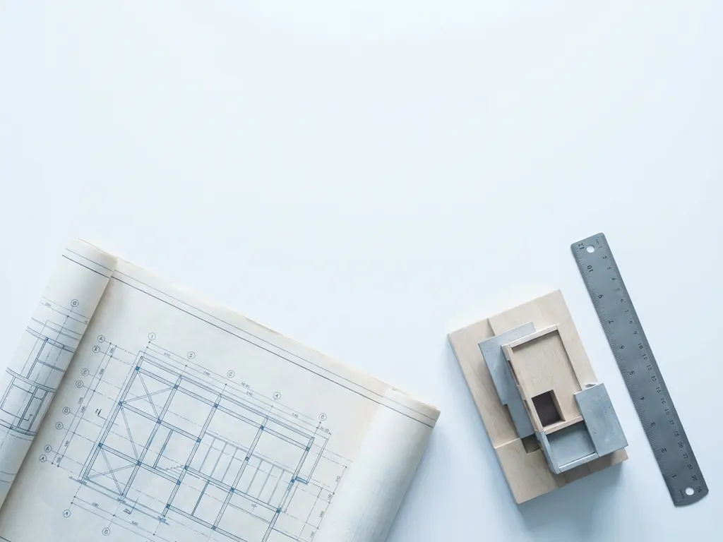 Opgerolde structurele blauwdruk op wit bureau met architectuurmaquette en liniaal, minimalistisch bovenaanzicht.