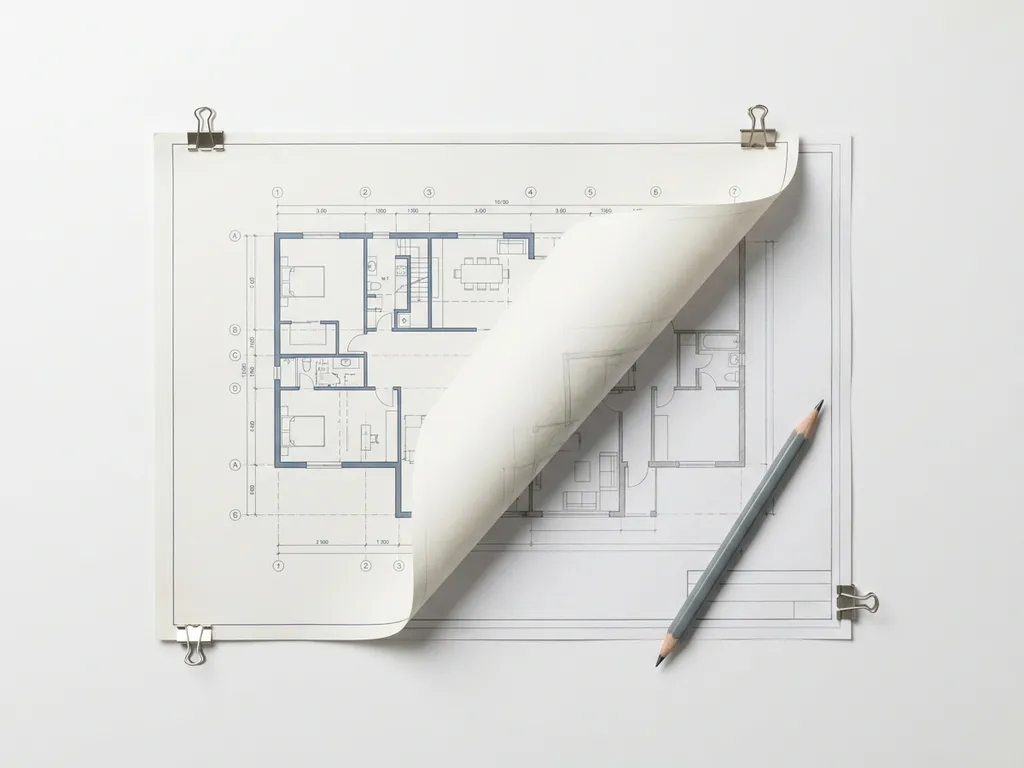 Halfafgemaakt architectuurblueprint op een witte tekentafel, één hoek omgevouwen met herziene tekening eronder, potlood diagonaal geplaatst.
