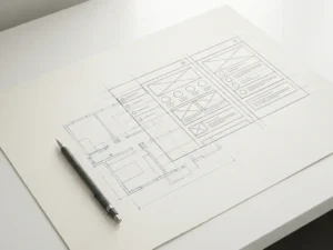 Architectuurblauwdruk die overgaat in geometrische software-wireframes op wit bureau, met mechanisch potlood, marineblauw en gebroken witte tinten.