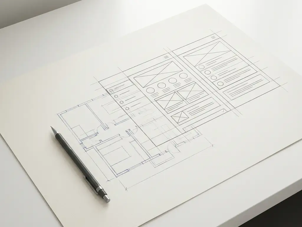 Architectuurblauwdruk die overgaat in geometrische software-wireframes op wit bureau, met mechanisch potlood, marineblauw en gebroken witte tinten.