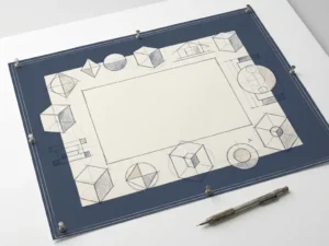 Handgetekende blauwdruk op witte tekentafel met wireframe schetsen, geometrische vormen en een mechanisch potlood.