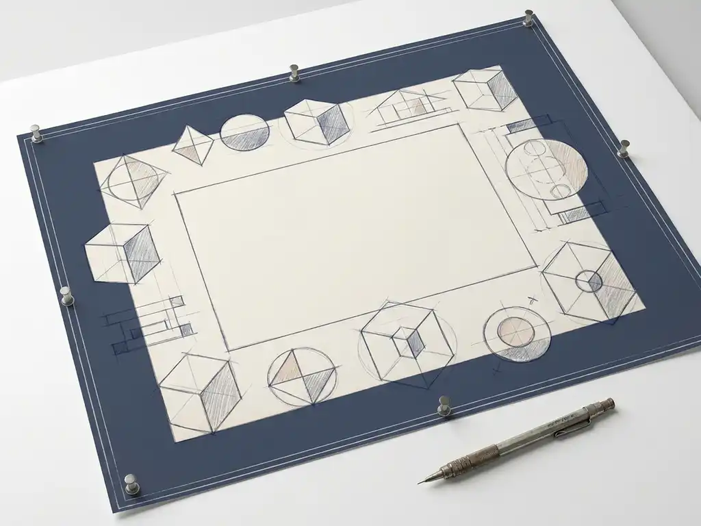 Handgetekende blauwdruk op witte tekentafel met wireframe schetsen, geometrische vormen en een mechanisch potlood.