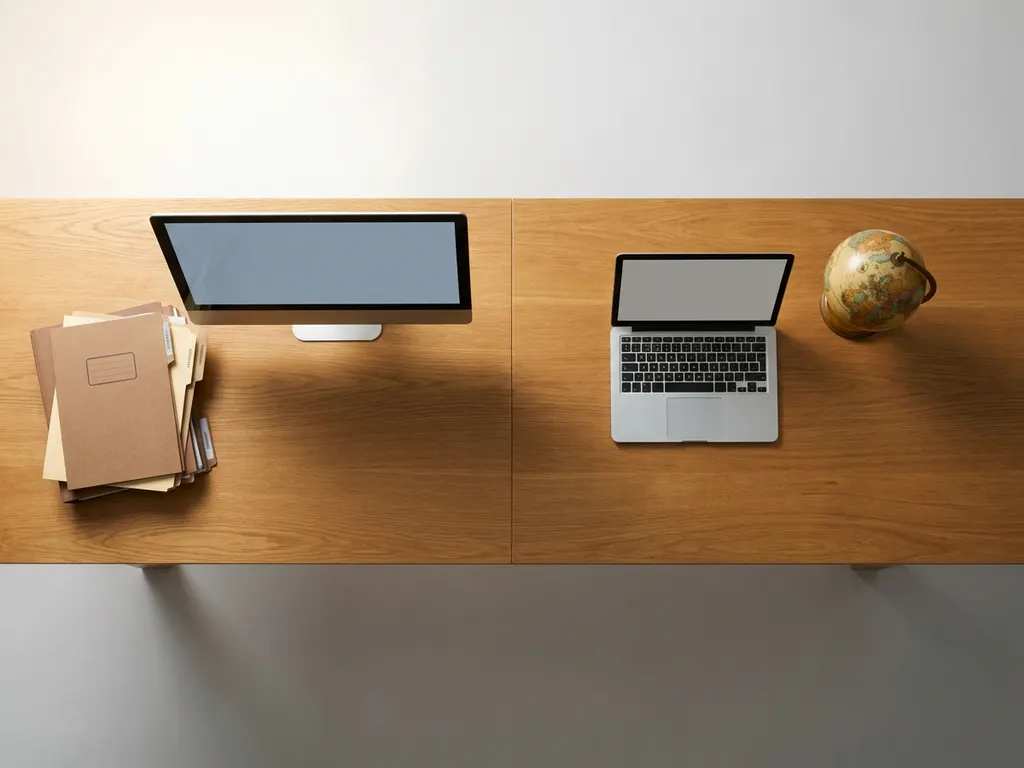 Eiken bureau met interne mappen en monitor aan één kant, open laptop met wereldbol aan de andere kant, bovenaanzicht.