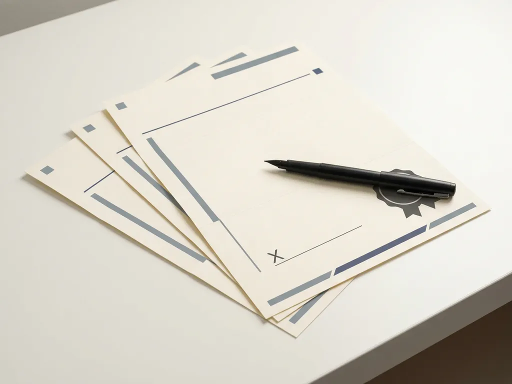 Drie minimalistische contractdocumenten op wit bureau, één opengevouwen met handtekeningregel en zwarte pen erbovenop.