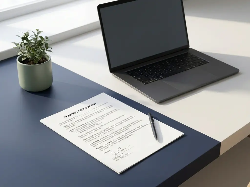 Ondertekend servicecontract op modern bureau naast klein potplantje, laptop op achtergrond, natuurlijk licht.