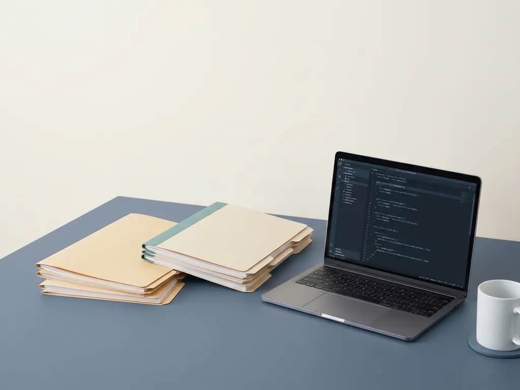 Twee stapels documentatiemappen in overdracht op een minimalistische bureau, met een open laptop met code-editor ernaast.