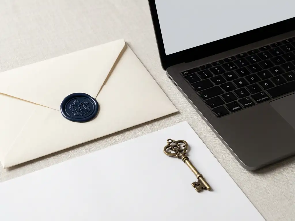Gouden sierssleutel en gelakt zegellak op juridisch document naast open laptop, op linnen ondergrond.