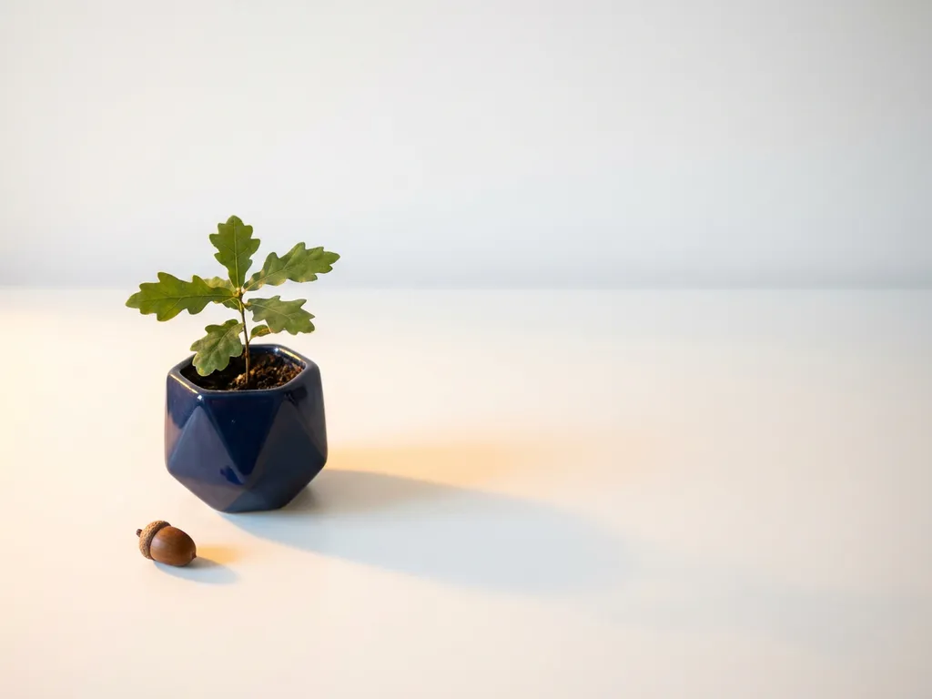 Kleine eikel naast een jonge eikenboom in marineblauw keramische pot op wit bureau, warm gouden zijlicht.