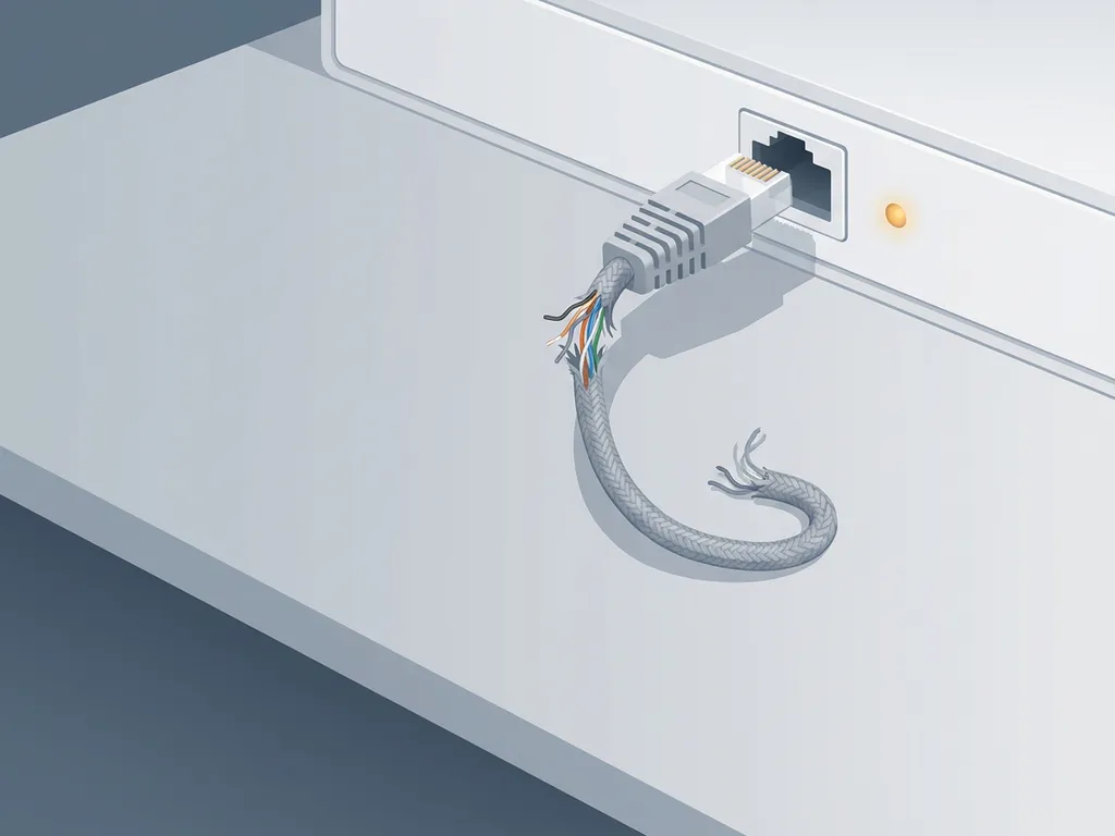 Versleten ethernetkabel die losraakt van een witte serverpoort op een lichtgrijs bureau, minimalistische compositie.