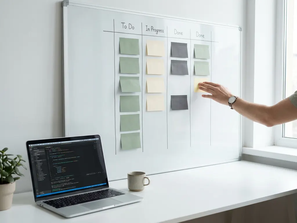Ontwikkelaar plakt sticky note op whiteboard met kleurgecodeerde feedbackkaarten, laptop op minimalistisch wit bureau.