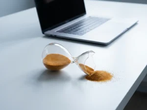 Gebroken zandloper op zijn zij op wit bureau, zand stroomt uit, laptop op de achtergrond, minimalistische compositie in grijs en amber.