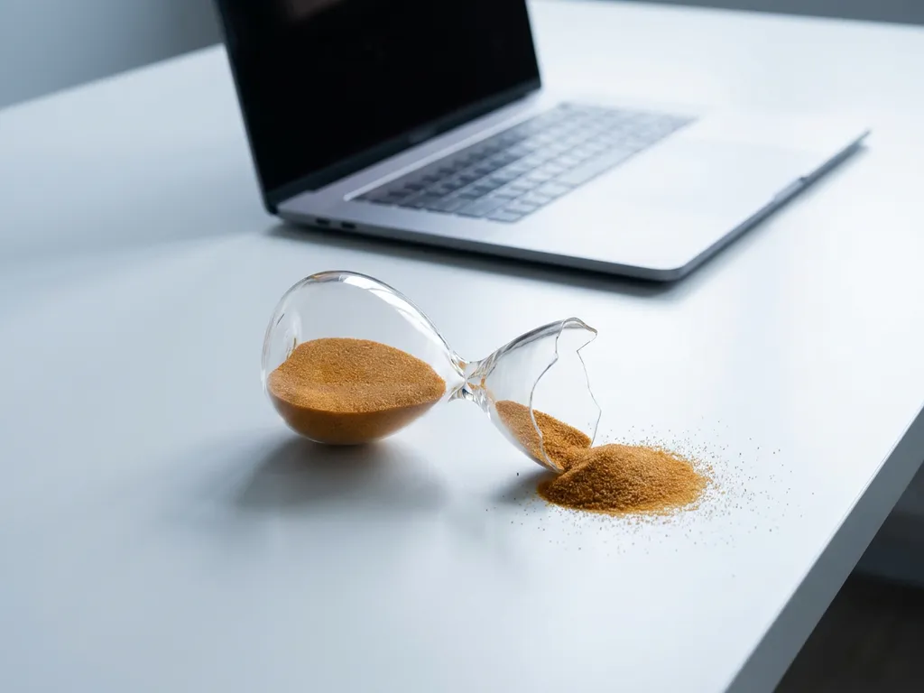 Gebroken zandloper op zijn zij op wit bureau, zand stroomt uit, laptop op de achtergrond, minimalistische compositie in grijs en amber.