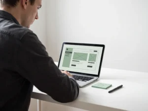 Gebruiker die geconcentreerd naar een laptopscherm met een interface-prototype leunt, sticky note en pen op wit bureau.