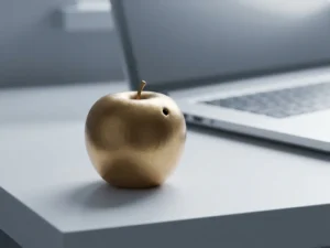Glanzende gouden appel met een wormgaatje op een wit bureau, met een zilveren laptop op de achtergrond.