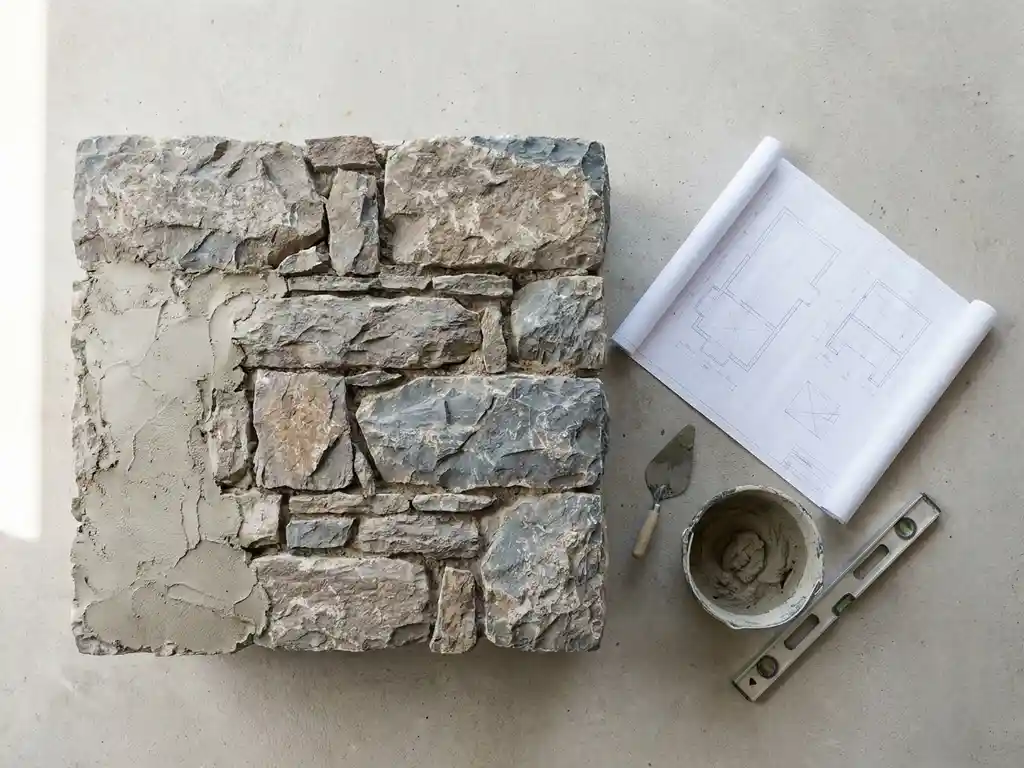 Verweerde stenen muur met verse mortelreparatie naast een architectonische bouwtekening op betonnen ondergrond.