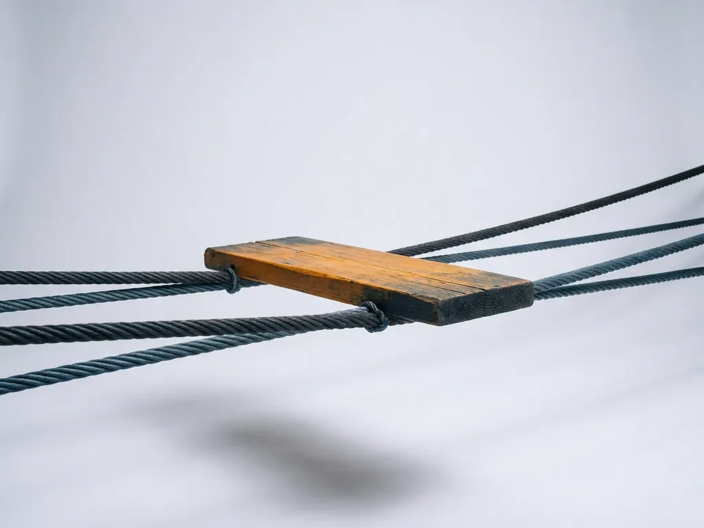 Versleten houten brug plank naast meerdere stevige staaldraden, symboliseert kwetsbaarheid versus sterkte, minimale studiocompositie.