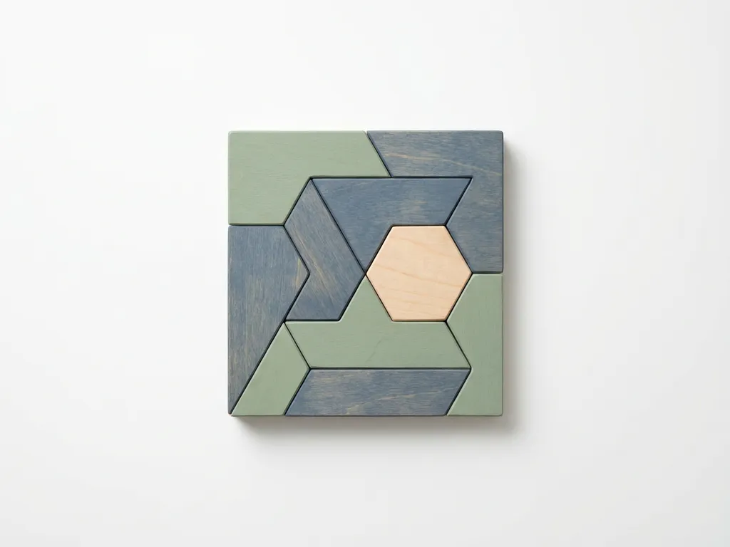 Houten puzzelstuk dat op een wit bureau in het laatste gat van een geometrisch bord klikt, in salie groen en leisteenblauw.