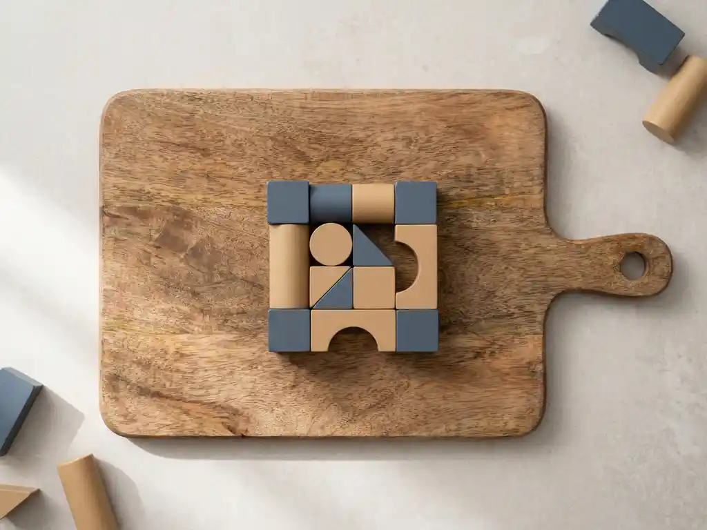 Houten snijplank met geometrische bouwblokken in leisteen blauw en zandtinten, minimalistisch bovenaanzicht met zacht natuurlijk licht.