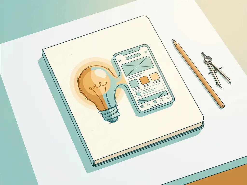 Gloeiende gloeilamp die overgaat in een app-wireframe, geschetst in een open notitieboek op een wit bureau met potlood en passer.