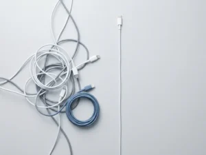 Wirwar van witte kabels op lichtgrijs bureau, één kabel netjes uitgestrekt, minimalistisch bovenaanzicht met zachte studiolicht.