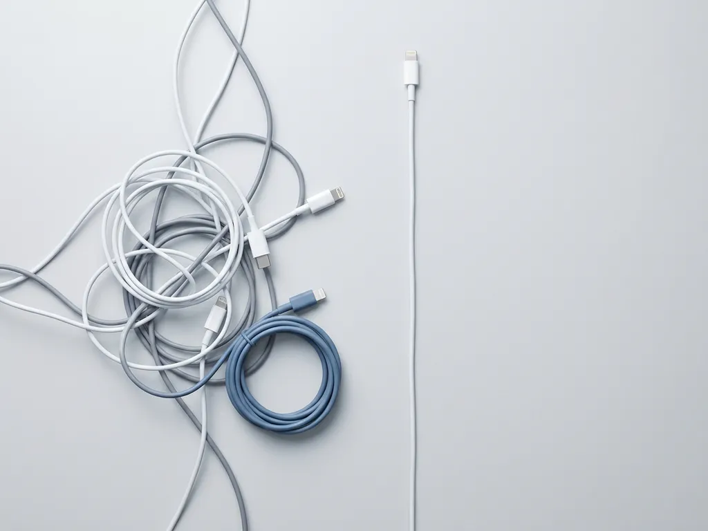 Wirwar van witte kabels op lichtgrijs bureau, één kabel netjes uitgestrekt, minimalistisch bovenaanzicht met zachte studiolicht.