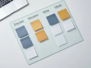 Glazen Kanban-bord met gekleurde sticky notes in kolommen op wit bureau, laptop op de achtergrond, bovenaanzicht.