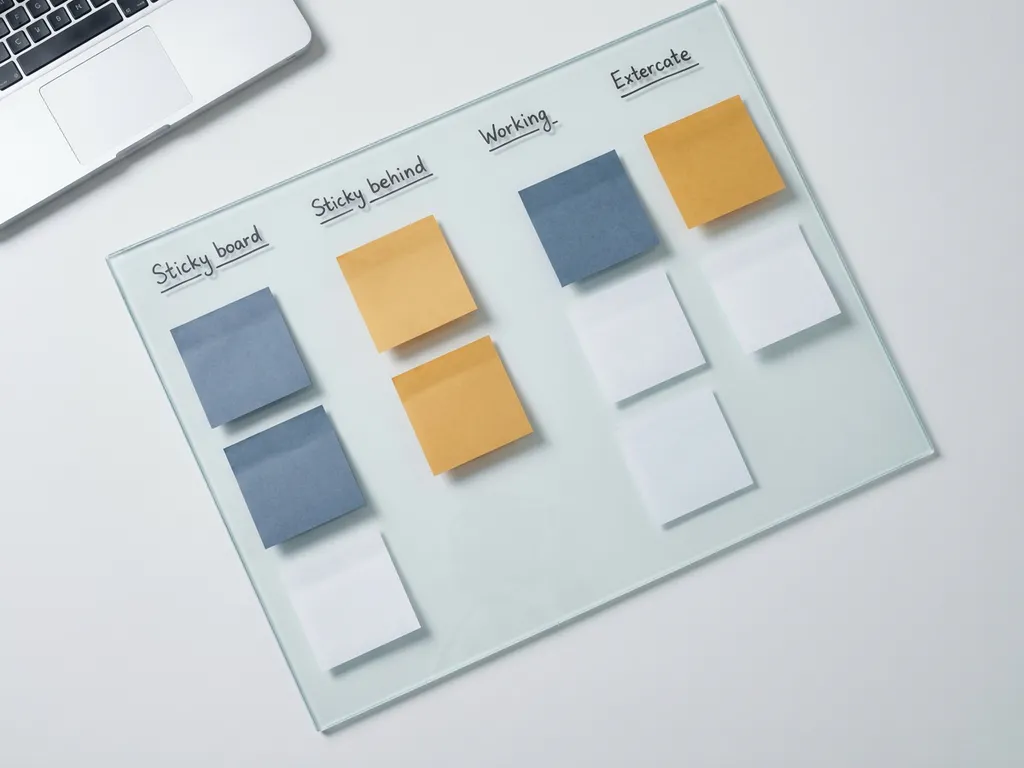 Glazen Kanban-bord met gekleurde sticky notes in kolommen op wit bureau, laptop op de achtergrond, bovenaanzicht.