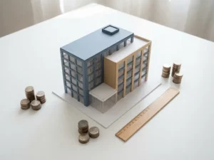 Architectuurmaquette van modern kantoorgebouw omgeven door gestapelde munten en meetlat op wit oppervlak.