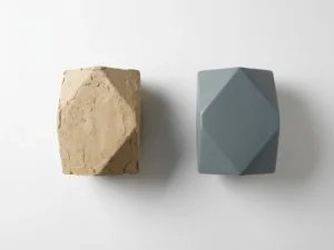 Ruwe kleiprototype naast een gepolijst minimalistisch productmodel op wit oppervlak, zand- en leisteintinten, bovenaanzicht.