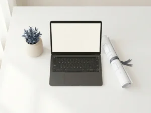 Laptop en opgerolde bouwtekening op minimalistisch wit bureau naast een kamerplant, zachte daglichtinval van links.