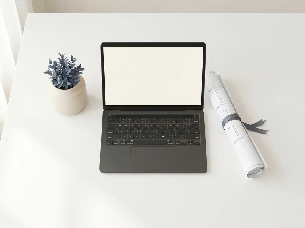 Laptop en opgerolde bouwtekening op minimalistisch wit bureau naast een kamerplant, zachte daglichtinval van links.