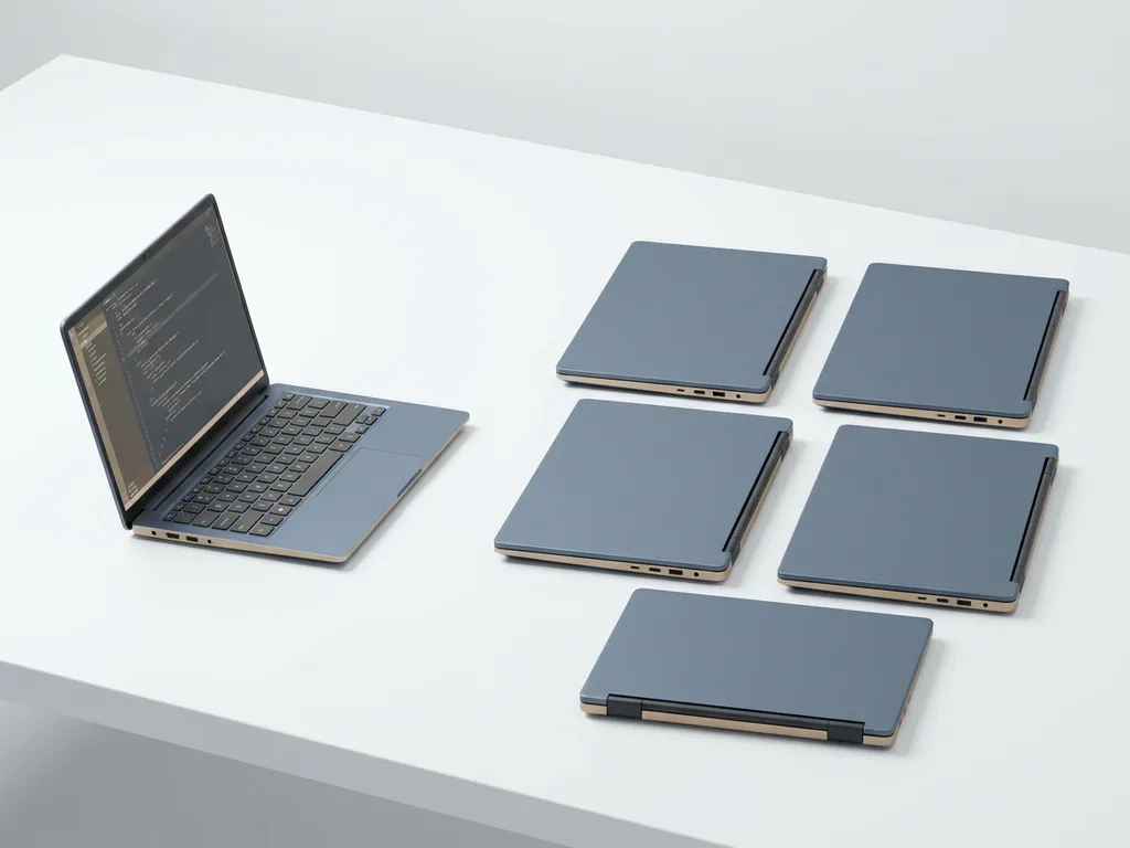 Één laptop naast een groep van vijf identieke laptops op een wit bureau, symboliseert schaalbare softwareontwikkeling.