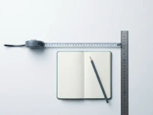 Meetlint uitgespreid over een wit bureau, verankerd door een metalen liniaal, met een open notitieboek en potlood ernaast.