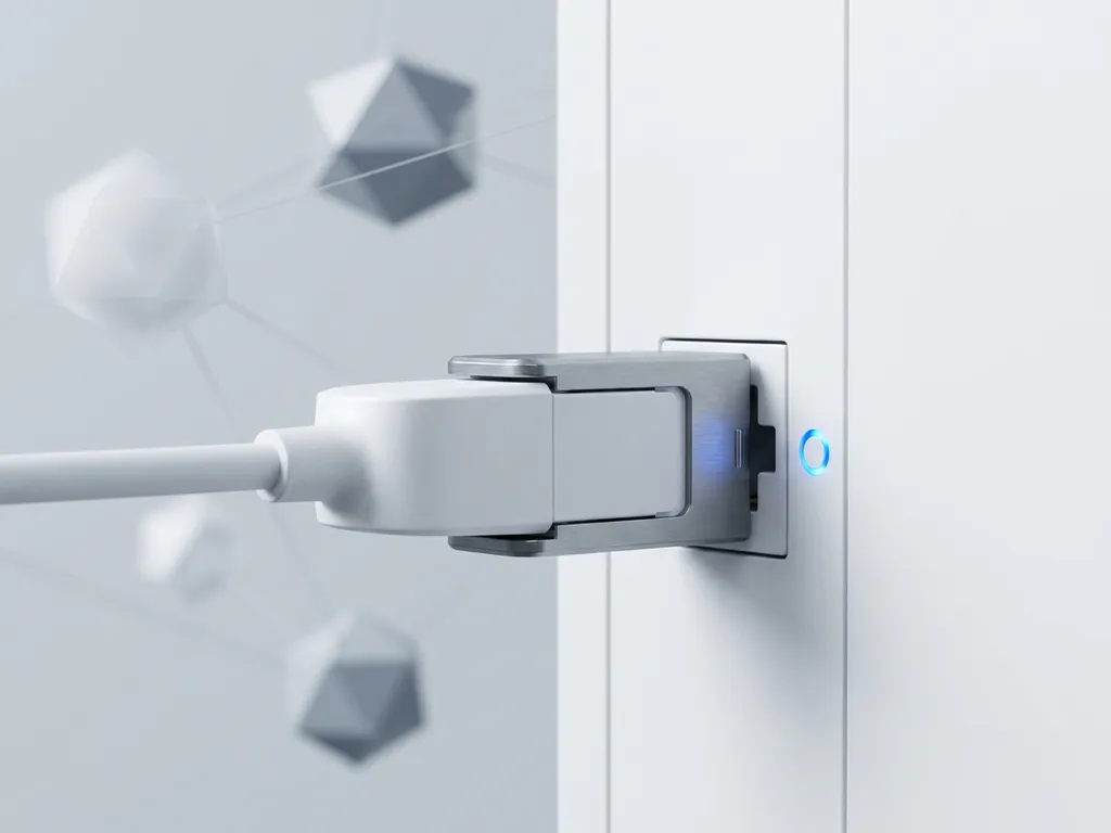 Modulaire kabelconnector die vastklikt op een wit serverpaneel, omgeven door geometrische vormen in staalgrijs met een elektrisch blauwe accent.