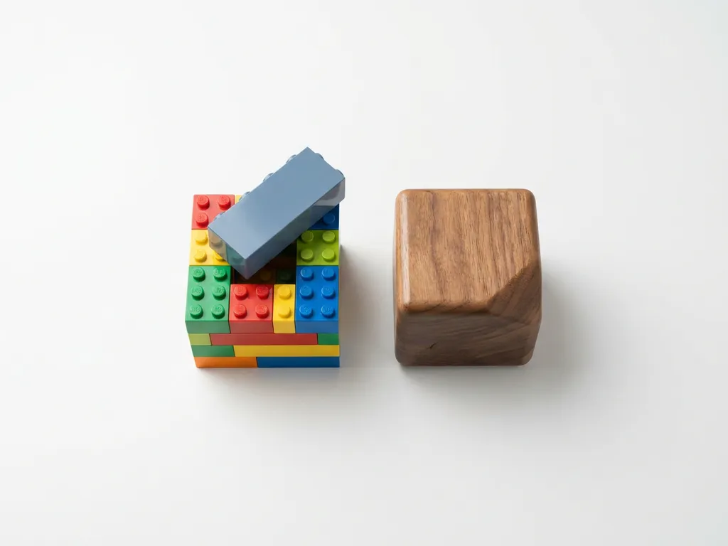 Kleurrijke LEGO-achtige modulaire bouwblokken naast een ambachtelijk houten component op een wit bureau, minimalistische flatlay.