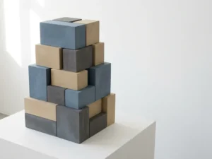 Modulaire toren van geometrische blokken die verticaal opstapelen op wit oppervlak, in leisteenblauw en zandtinten, zachte schaduwen, minimalistische compositie.