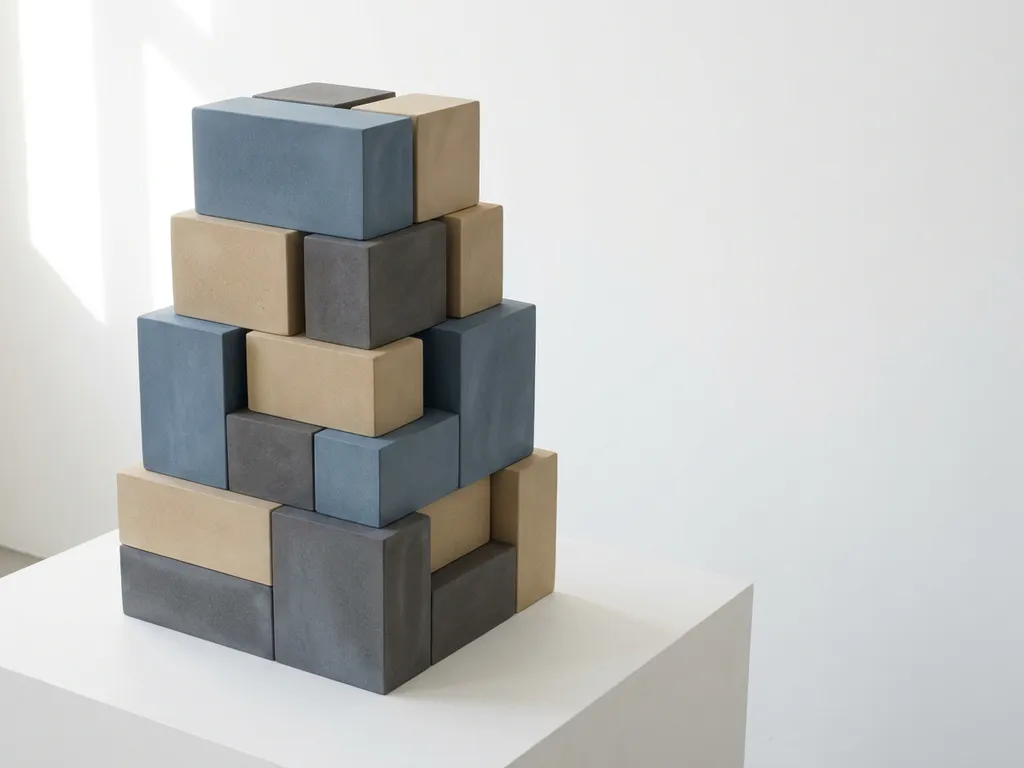 Modulaire toren van geometrische blokken die verticaal opstapelen op wit oppervlak, in leisteenblauw en zandtinten, zachte schaduwen, minimalistische compositie.