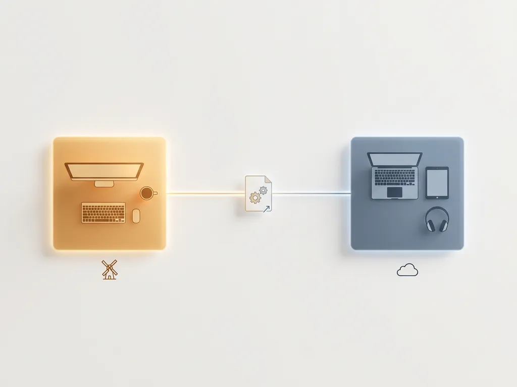 Twee minimalistische werkplekken in warm amber en leisteenblauw, verbonden door één lijn met een gedeeld document, bovenaanzicht.