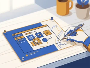Ontwikkelaar voegt technische annotaties toe aan een no-code drag-and-drop interface blueprint op een modern bureau.