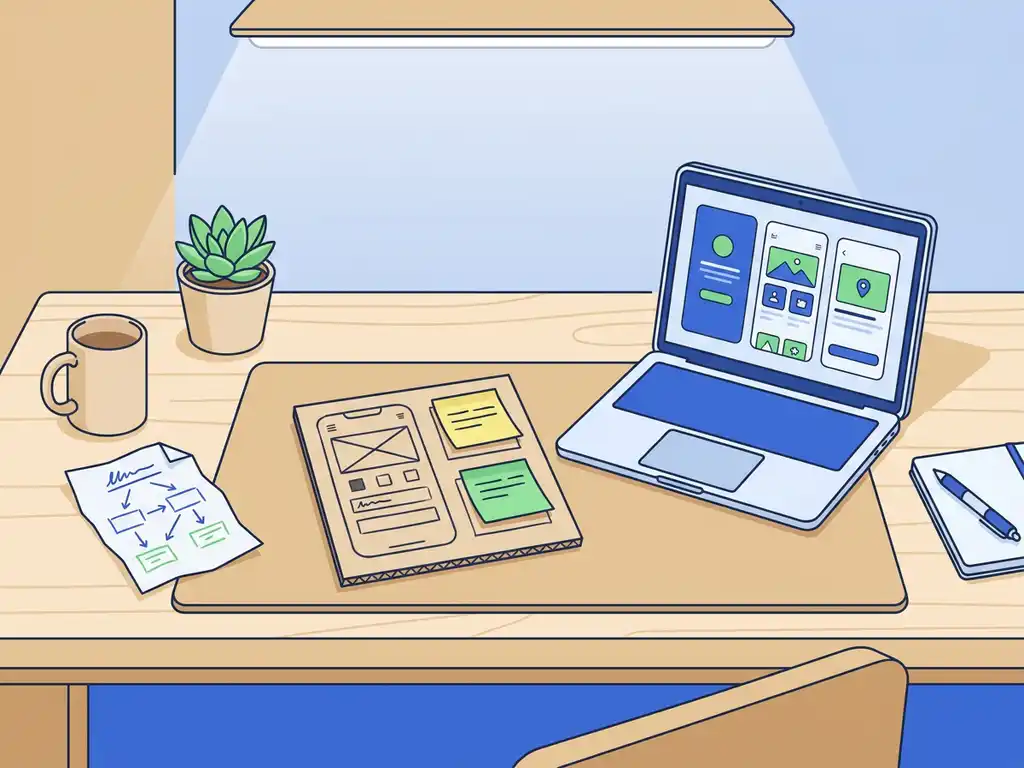 Kartonnen wireframe-prototype met sticky notes op een modern bureau naast laptop met UI-schermen en roadmap-schets.