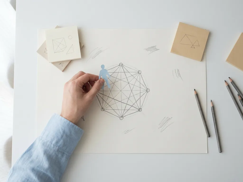 Onderzoeker rangschikt papieren mensenfiguren in een cirkel rond een wireframeschets op een minimalistisch wit bureau.